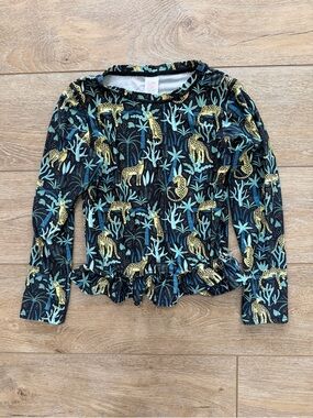 RuffleButts Jungle Leopard Print Peplum Rash Guard Shirt Girls Sz 8 Black